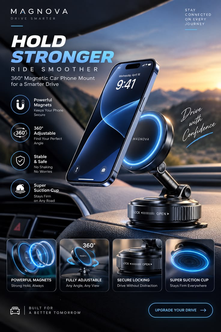 Premium 360° Magnetic Car Phone Mount – Strong Suction Cup, Adjustable & Foldable Dashboard Holder