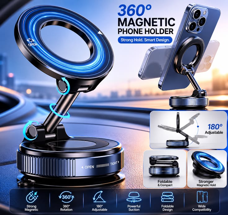 Premium 360° Magnetic Car Phone Mount – Strong Suction Cup, Adjustable & Foldable Dashboard Holder